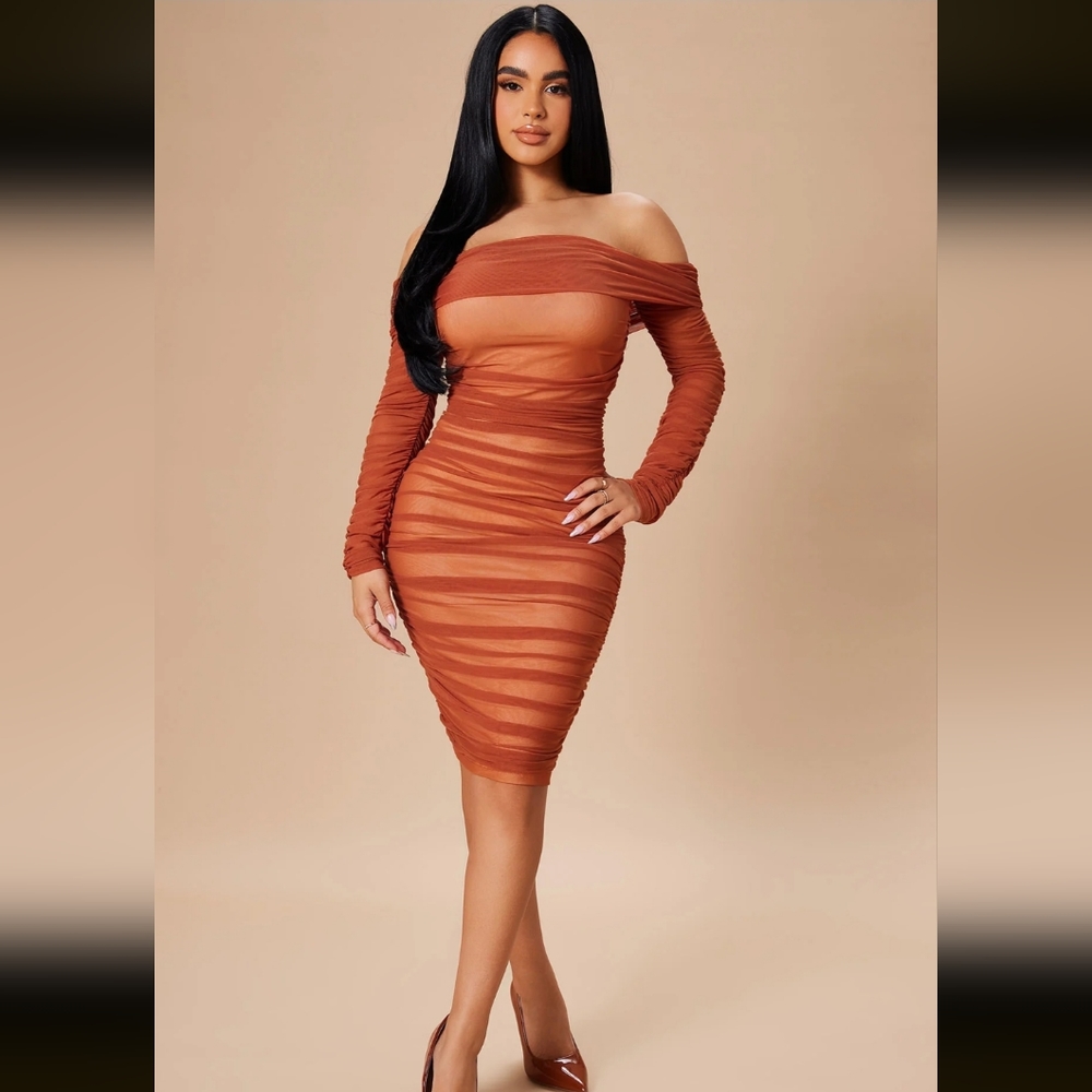 Ready in a ruched off shoulder midi dress- rust/nude